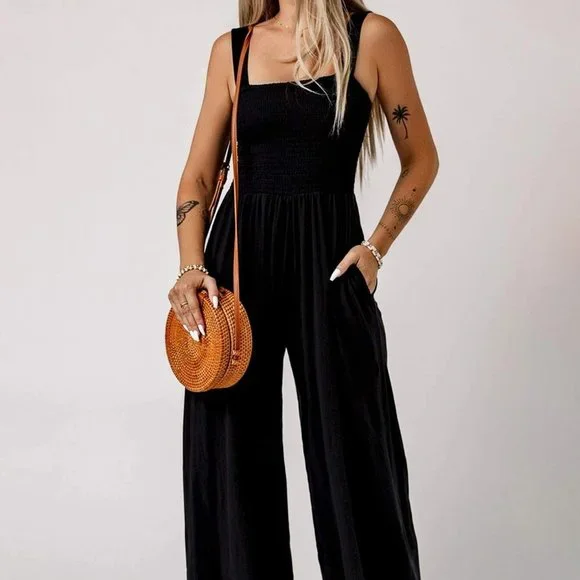 Black Casual Womens Solid Slant Pocket Cami Wide Leg Jumpsuit - Picture 5 of 5